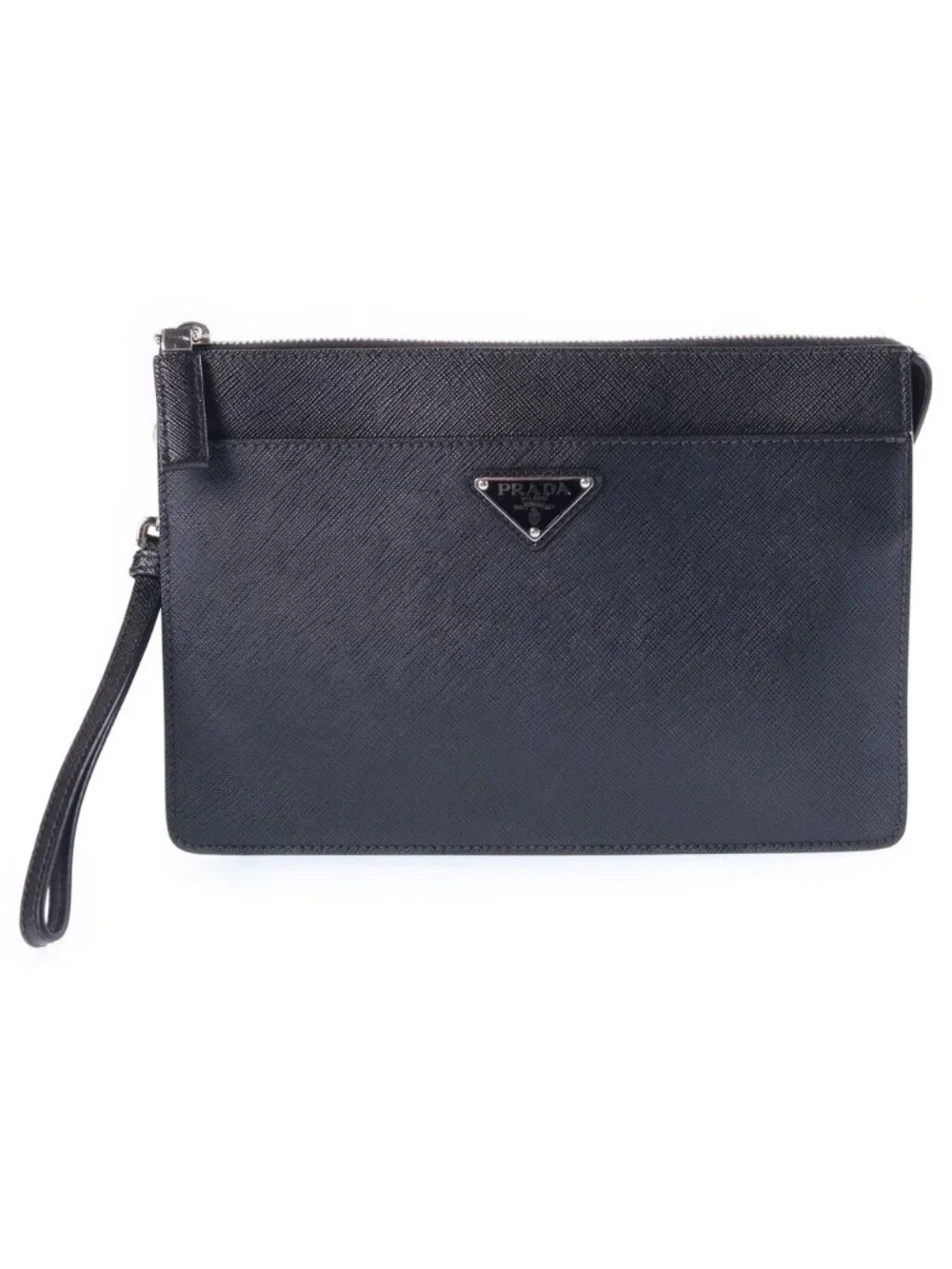 Prada Saffiano Clutch Pouch Black Leather Silver